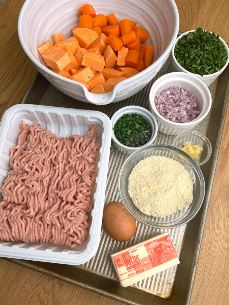 Ingredients for Gluten Free Sage Chicken Meatballs with Sweet Potato Carrot Mash