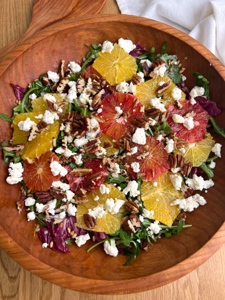 Winter Farro Salad with Orange Vinaigrette in Wooden Salad Bowl