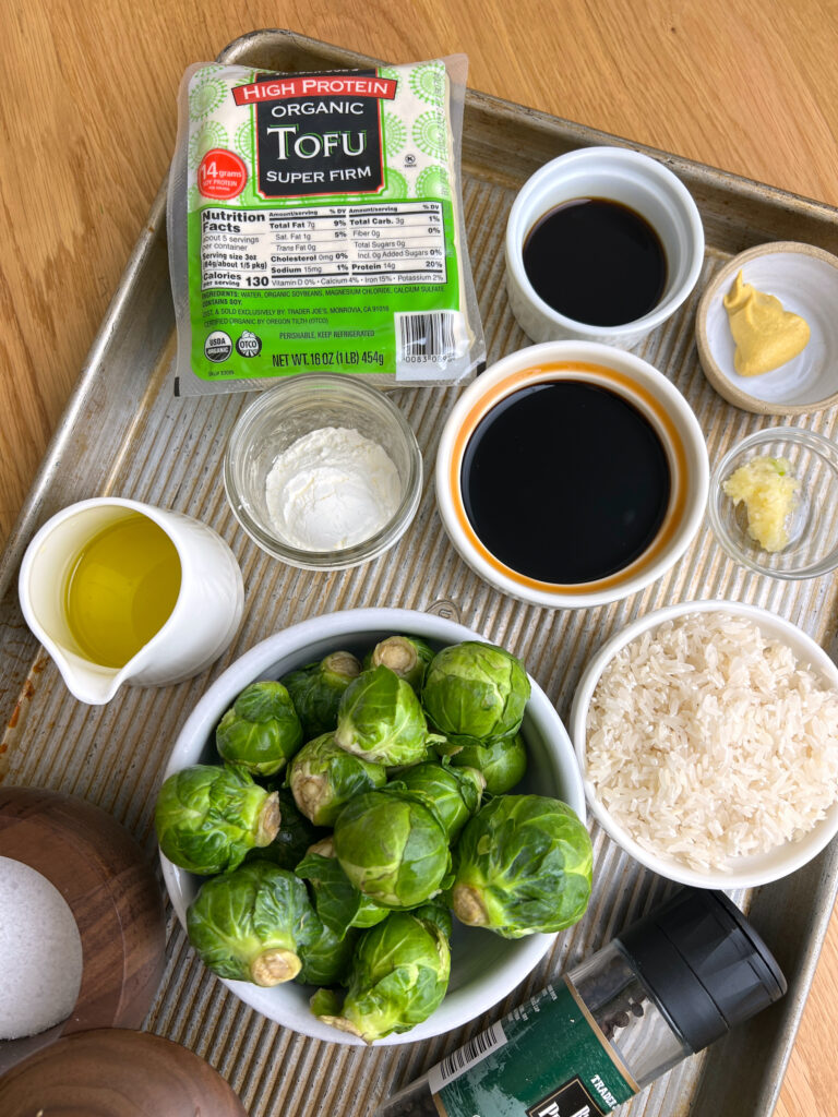 Ingredients for Air Fryer Balsamic Tofu & Brussels Sprouts Bowl