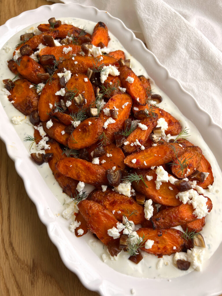 Harissa Maple Carrots with Whipped Feta on White Serving Tray