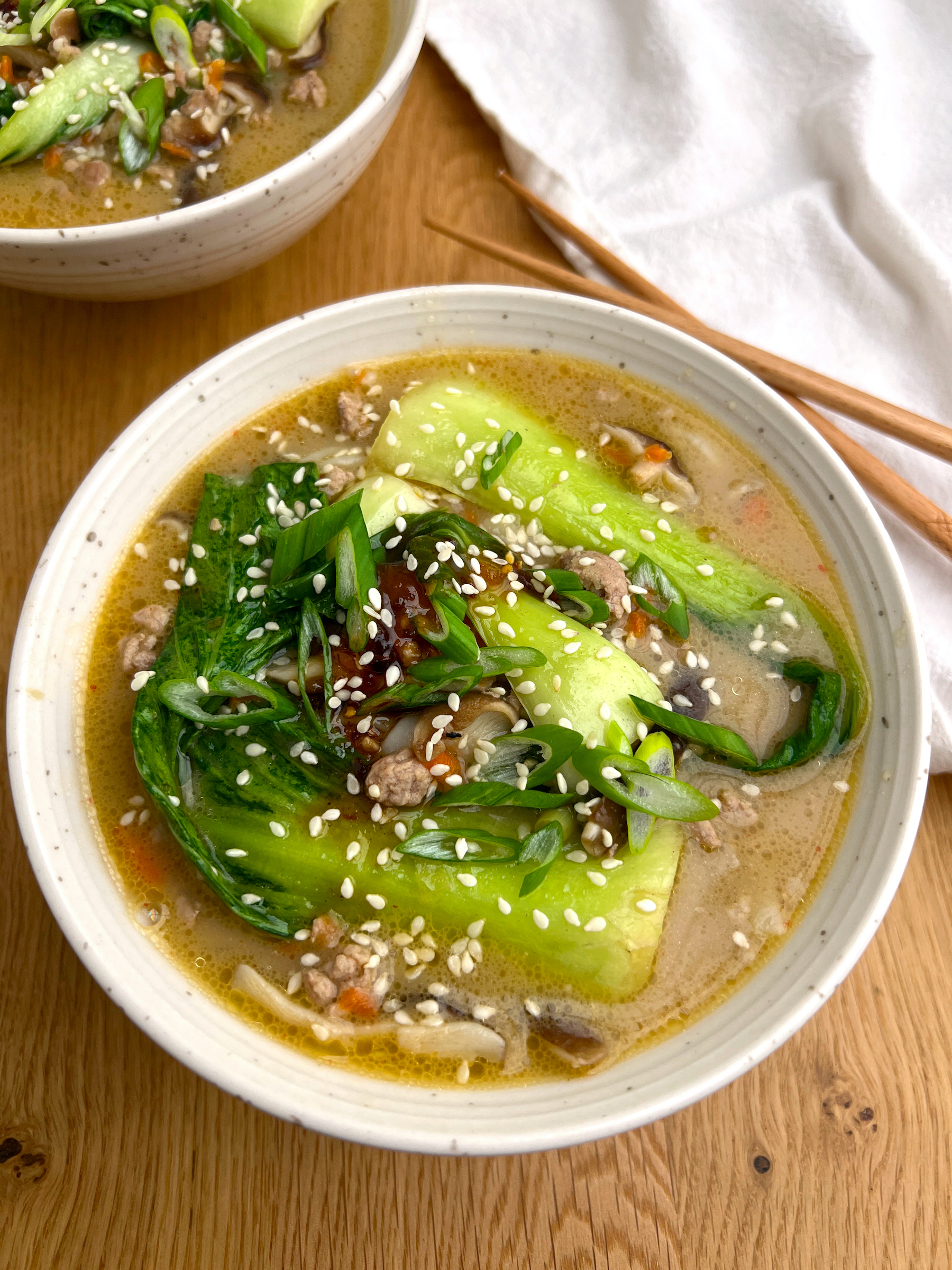 Miso Bok Choy Soup in a white bowl