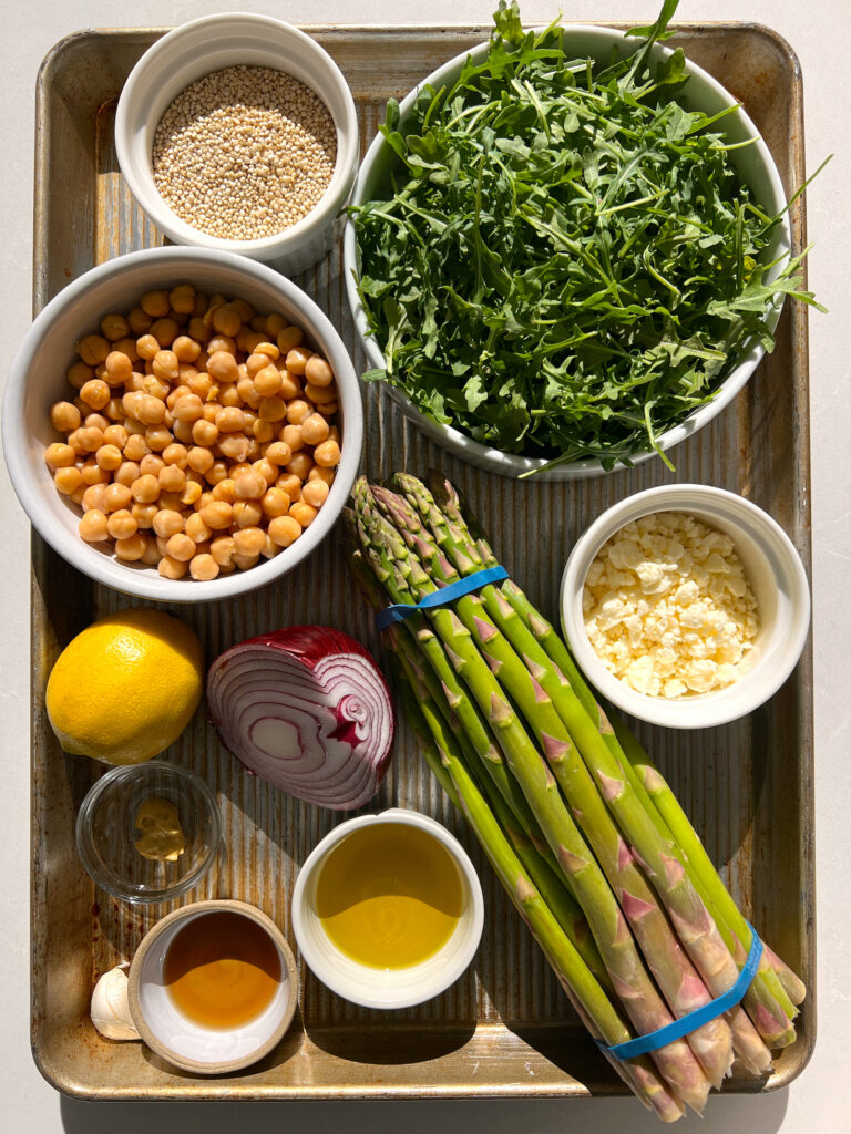 ingredients for Spring Arugula and Quinoa Salad with Lemon Dressing