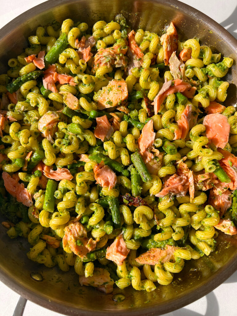 Salmon Pea Pasta with Asparagus in large pan