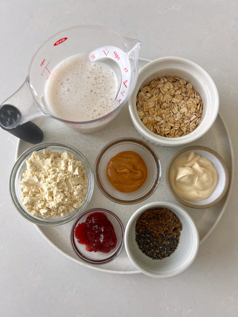 ingredients for high-protein peanut butter and jelly overnight oats