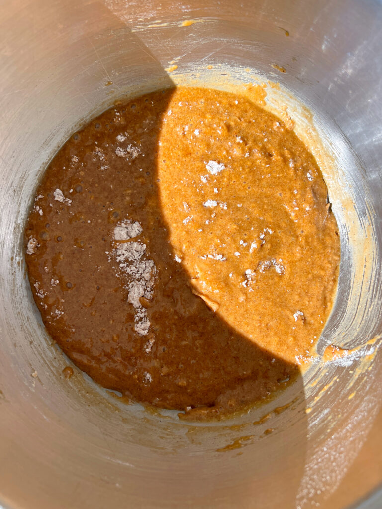 gluten free carrot cake batter after combining the wet ingredients with the dry ingredients