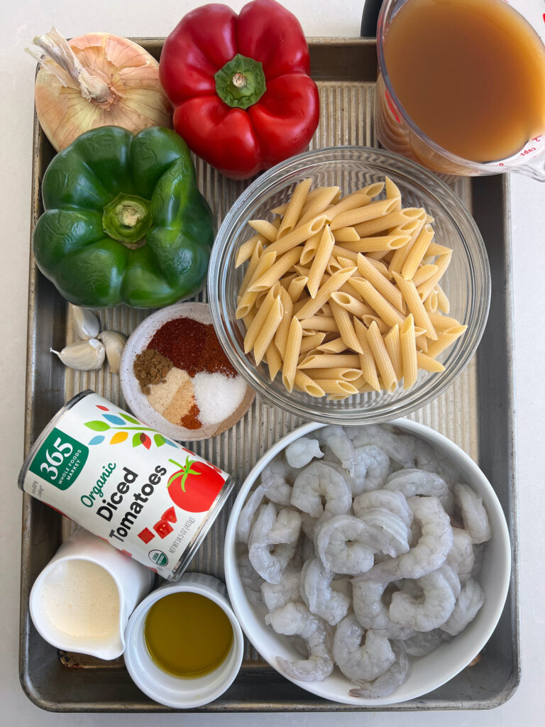 Ingredients for one-pot shrimp fajita pasta