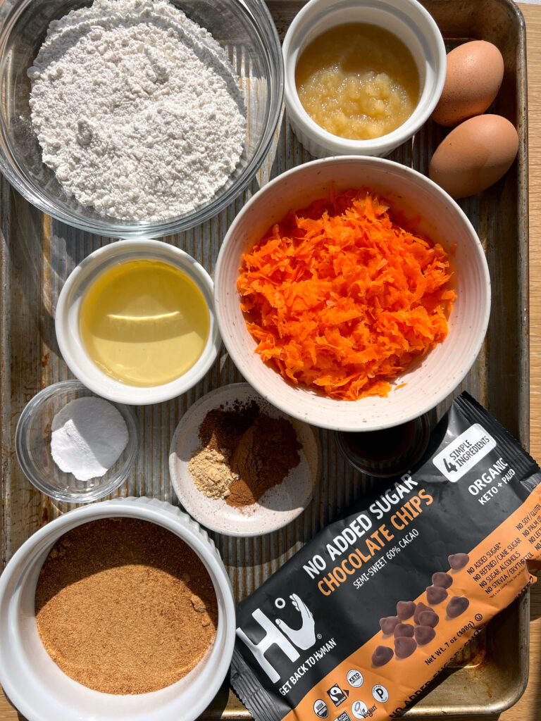 ingredients for gluten free carrot cake muffins with chocolate chips
