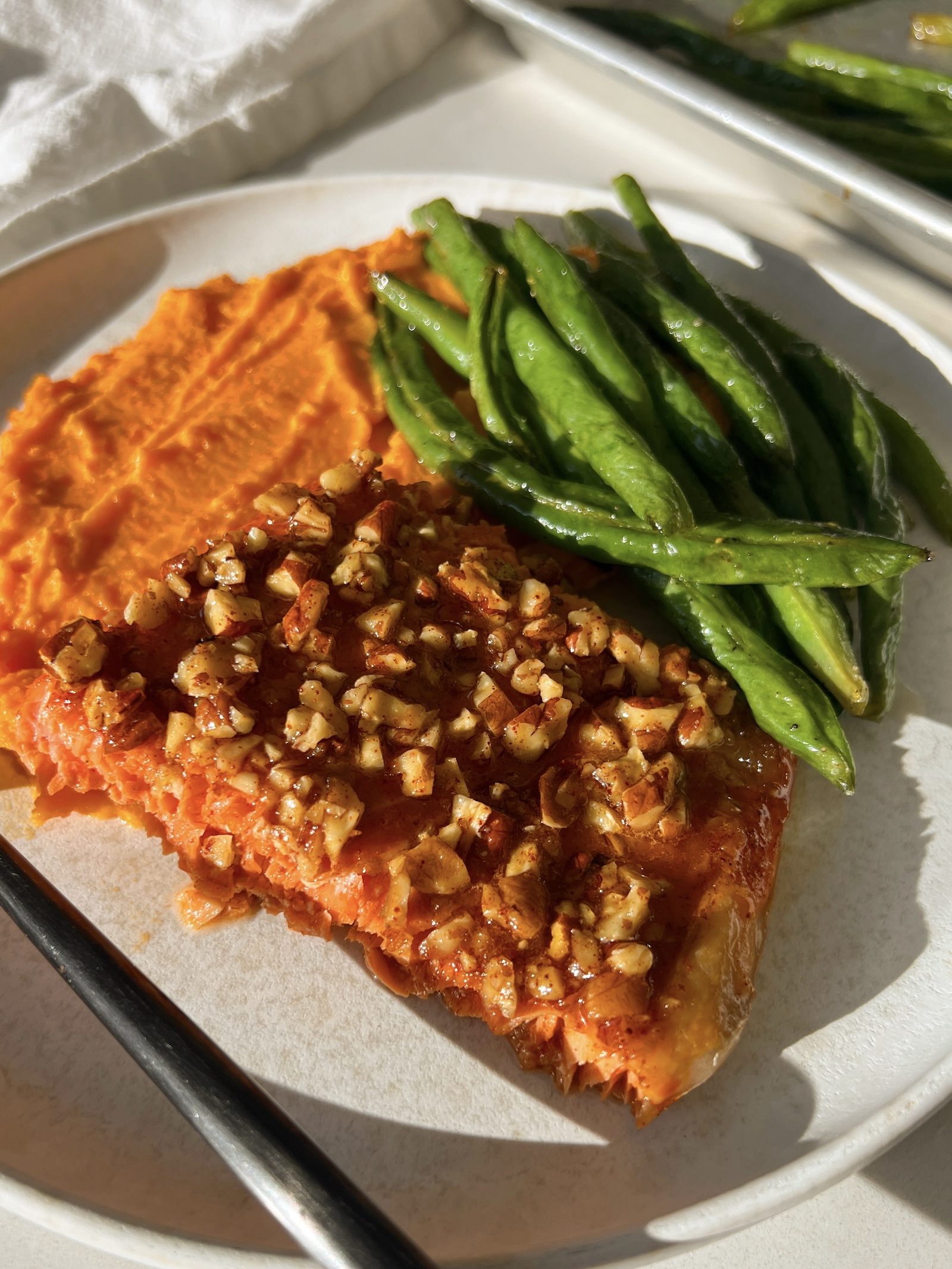 Maple Pecan Crusted Salmon with Green Beans &amp; Sweet Potato Carrot Mash-image